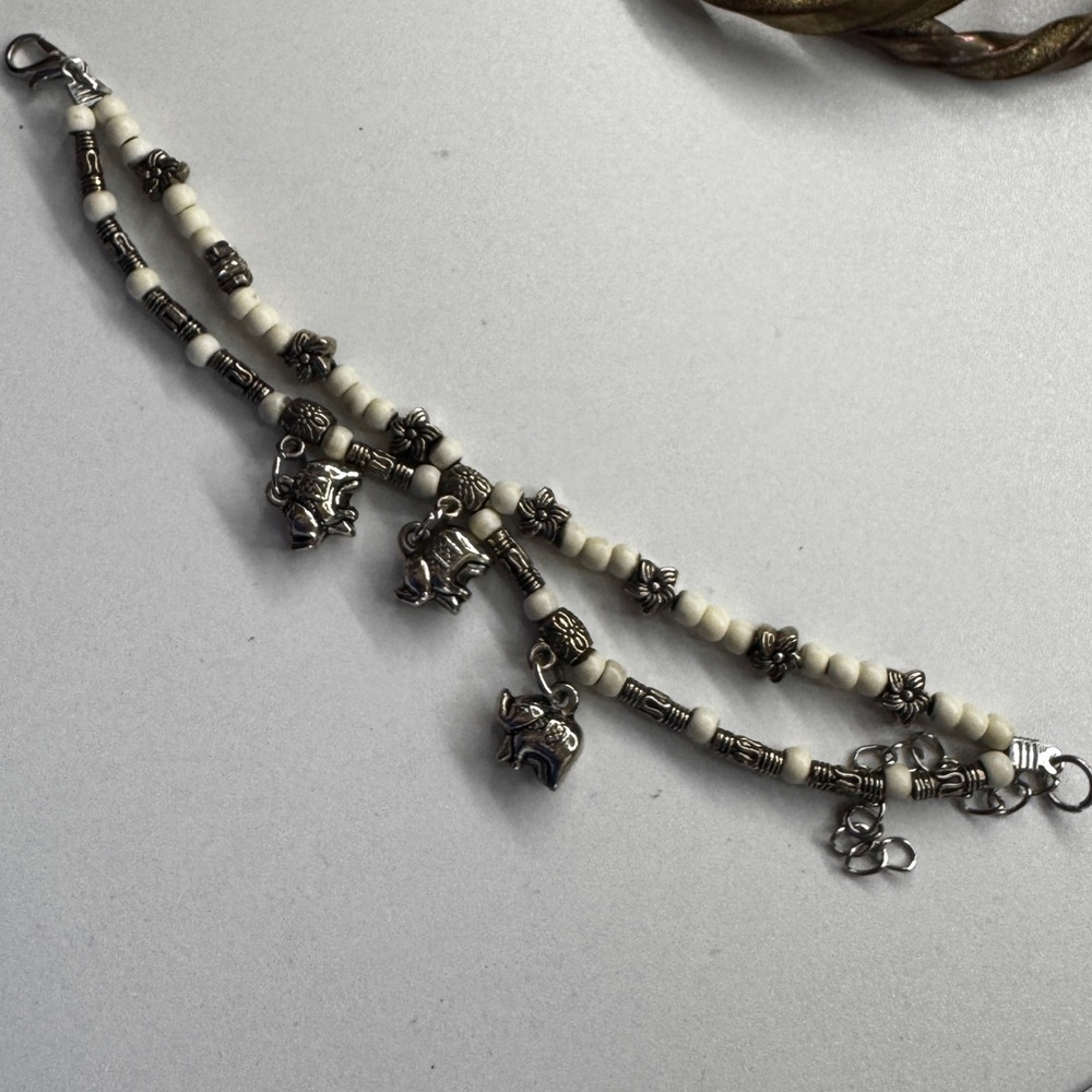 Silver and Cream Beaded Elephant Charm Bracelet